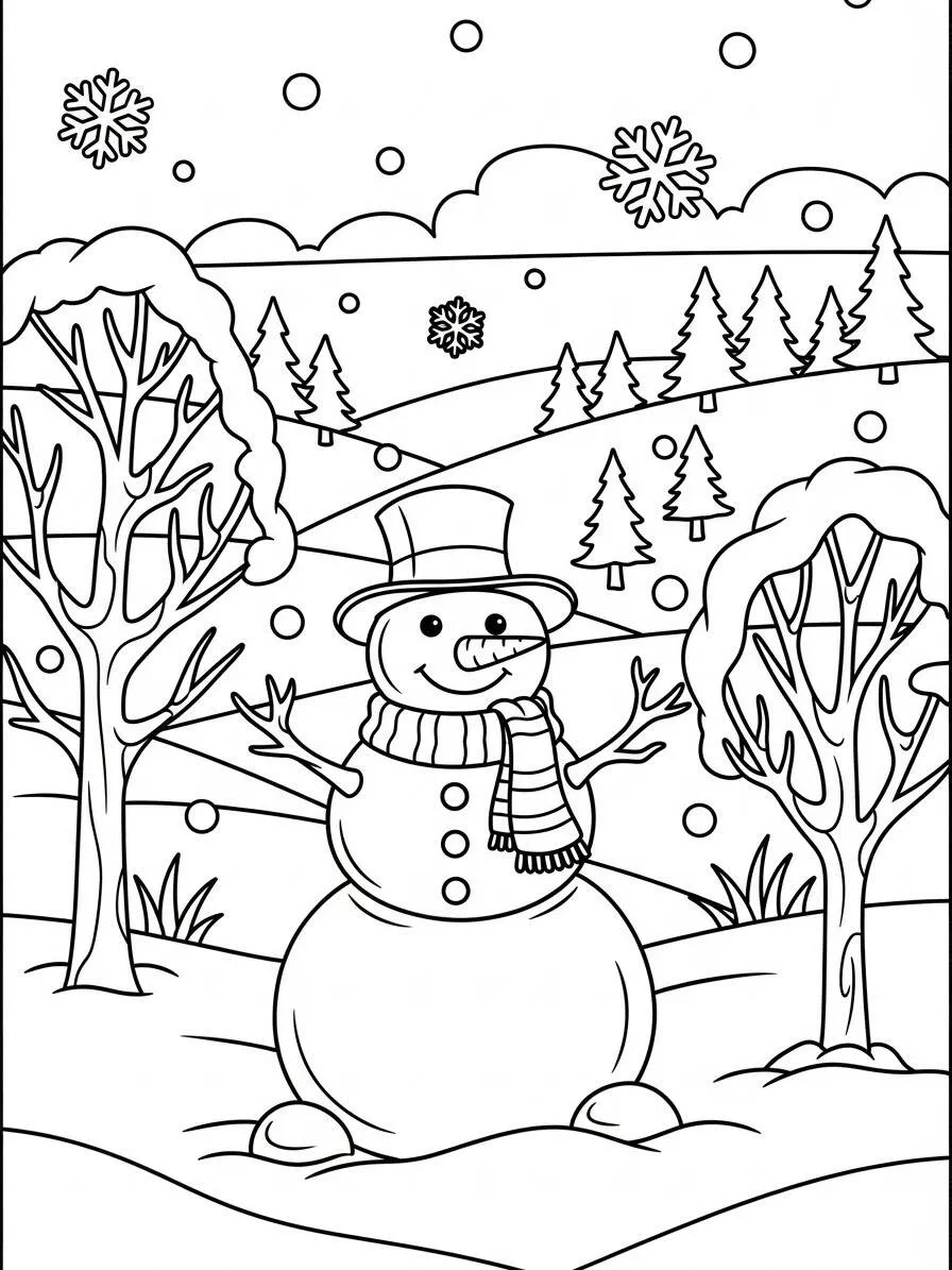 Dibujo de Muñeco de nieve con gorro y bufanda en un paisaje invernal para colorear