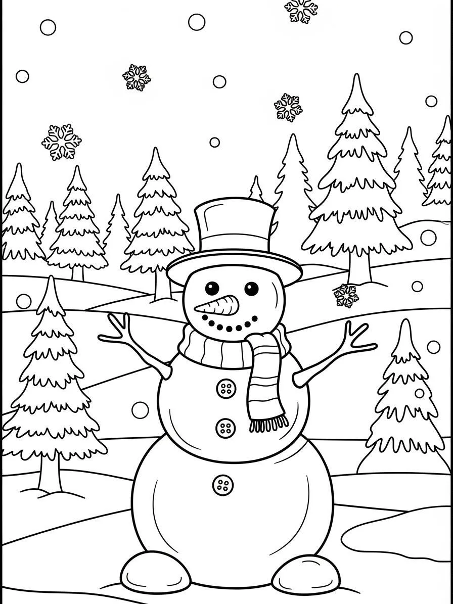 Dibujo de Muñeco de nieve con sombrero y bufanda para colorear