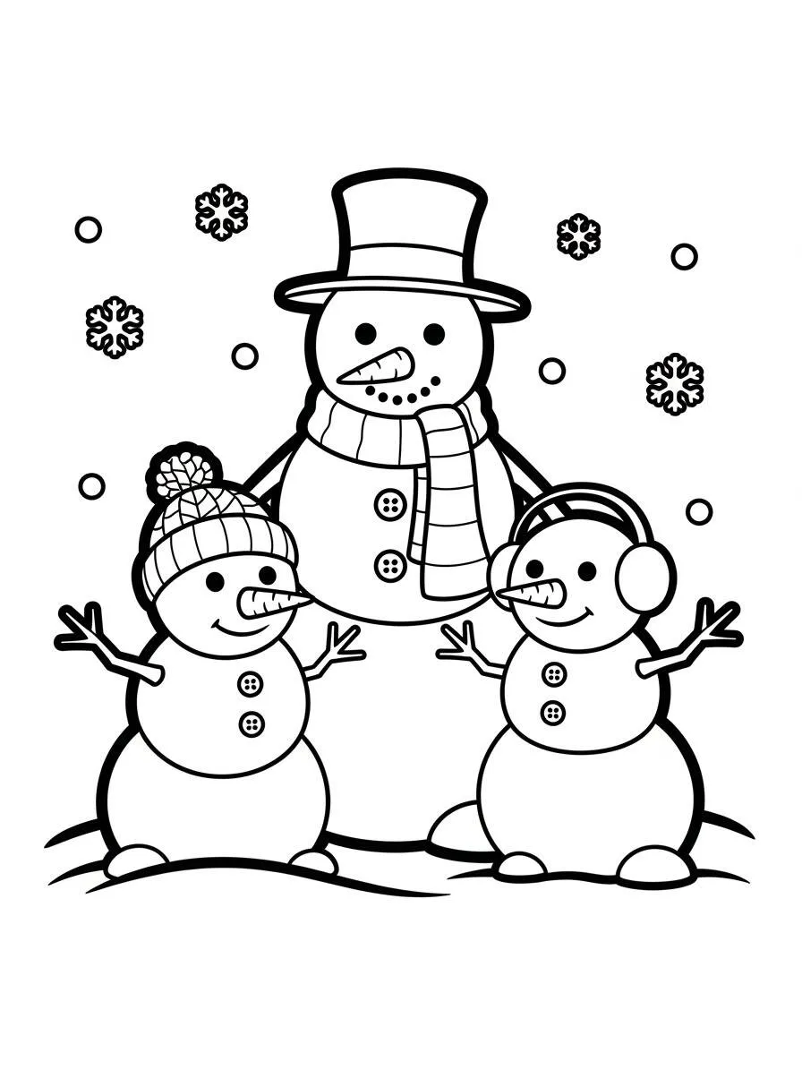 Dibujo para colorear muñeco de nieve con niños y copos de nieve
