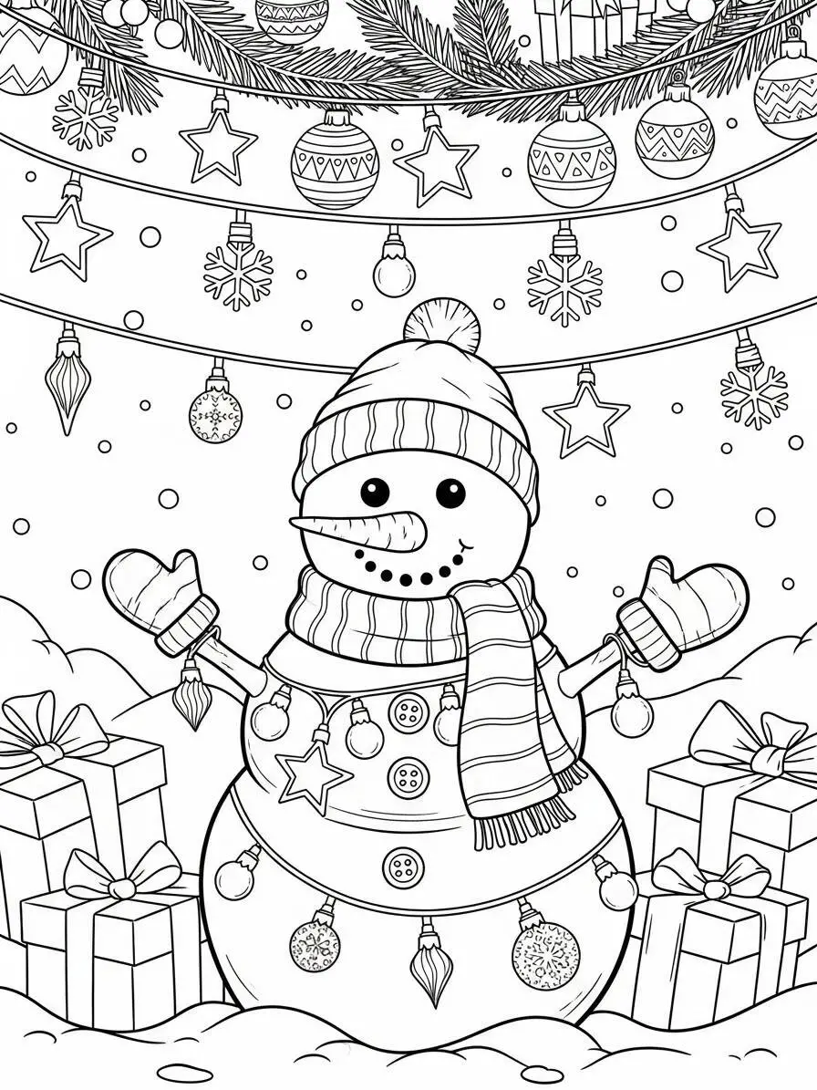 Dibujo de muñeco de nieve con regalos y adornos navideños para colorear