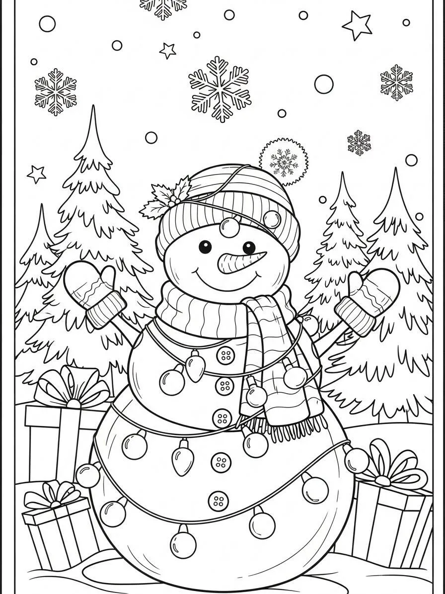 Dibujo de muñeco de nieve con luces y regalos para colorear