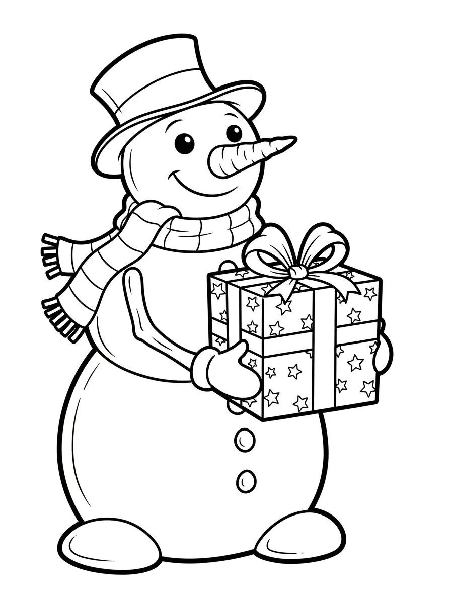 Página para colorear de muñeco de nieve con regalo
