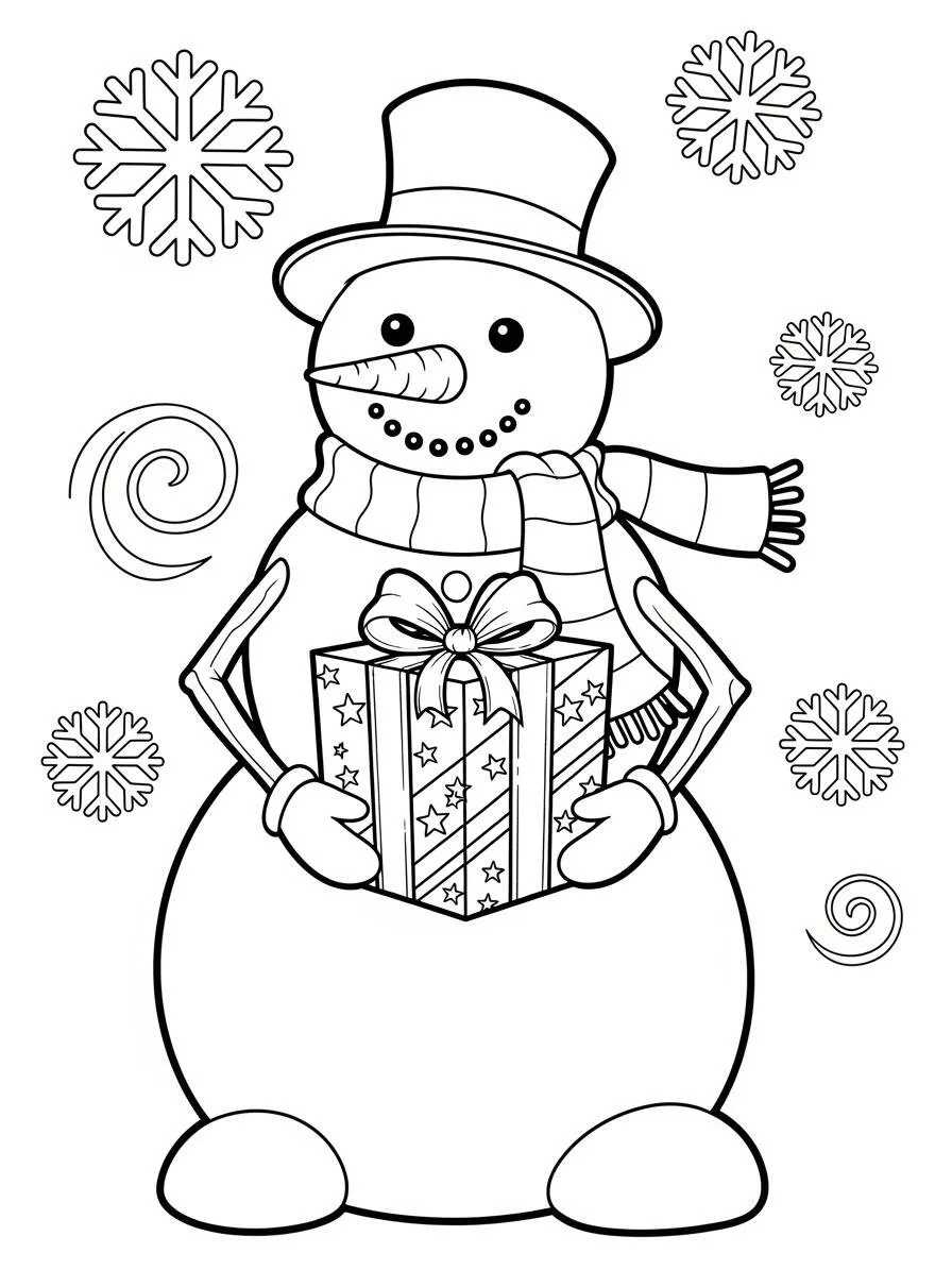 Dibujo de muñeco de nieve con regalo y copos de nieve para colorear