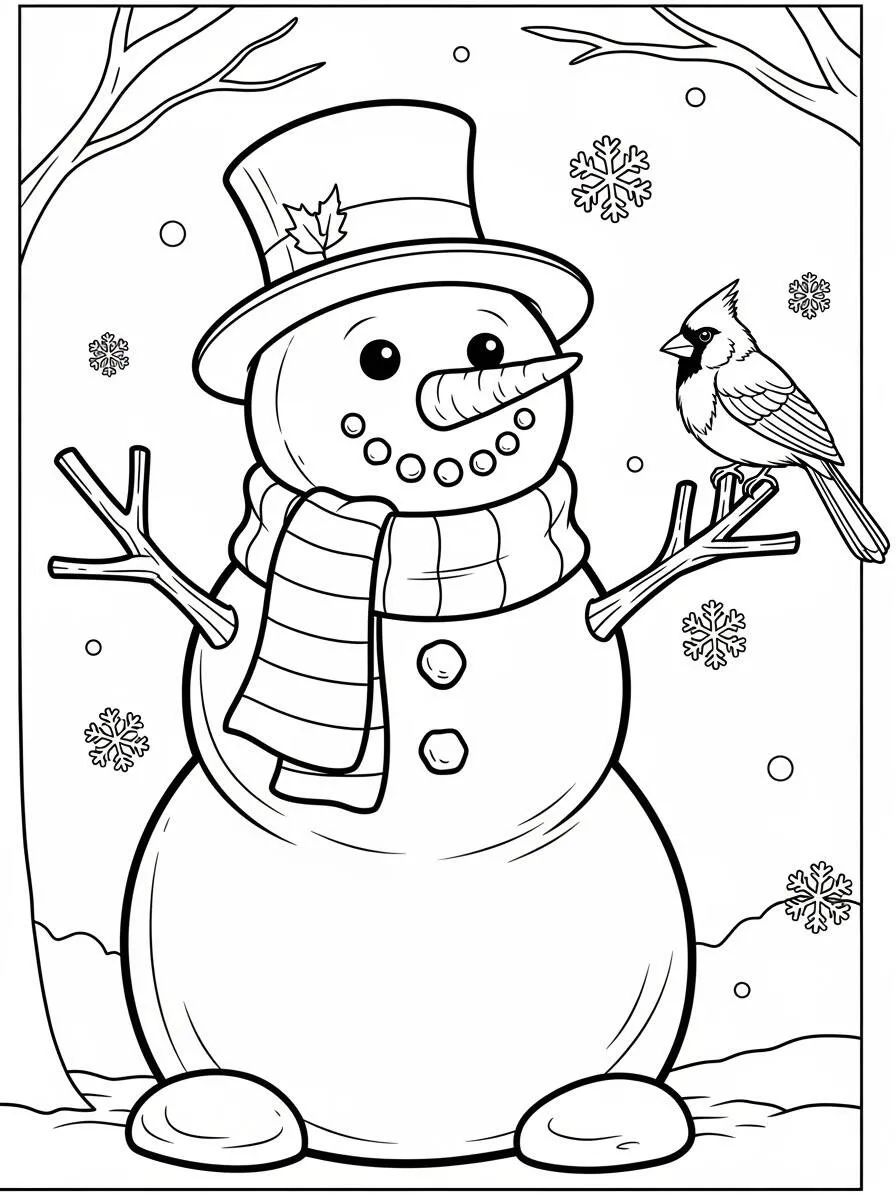 Página para colorear de muñeco de nieve con pájaro y bufanda