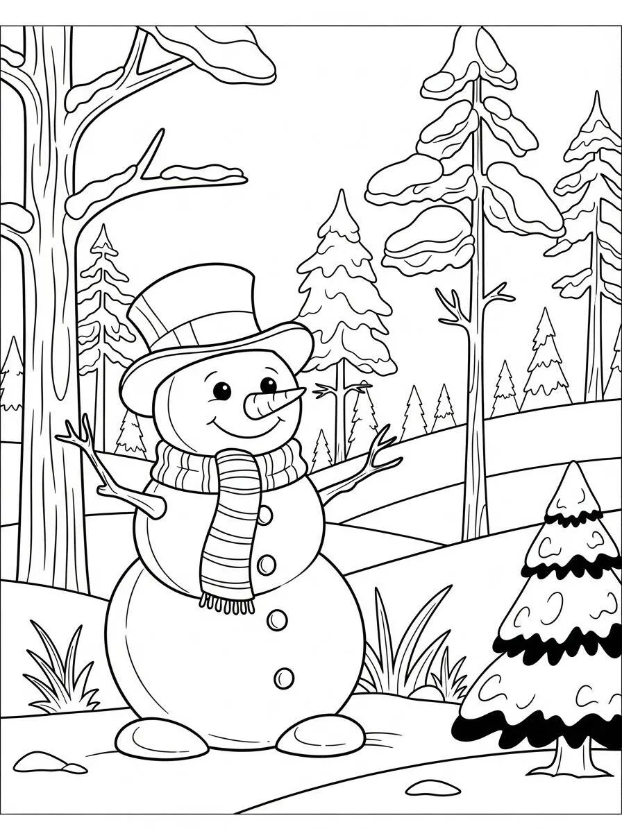 Dibujo de muñeco de nieve con sombrero y bufanda para colorear