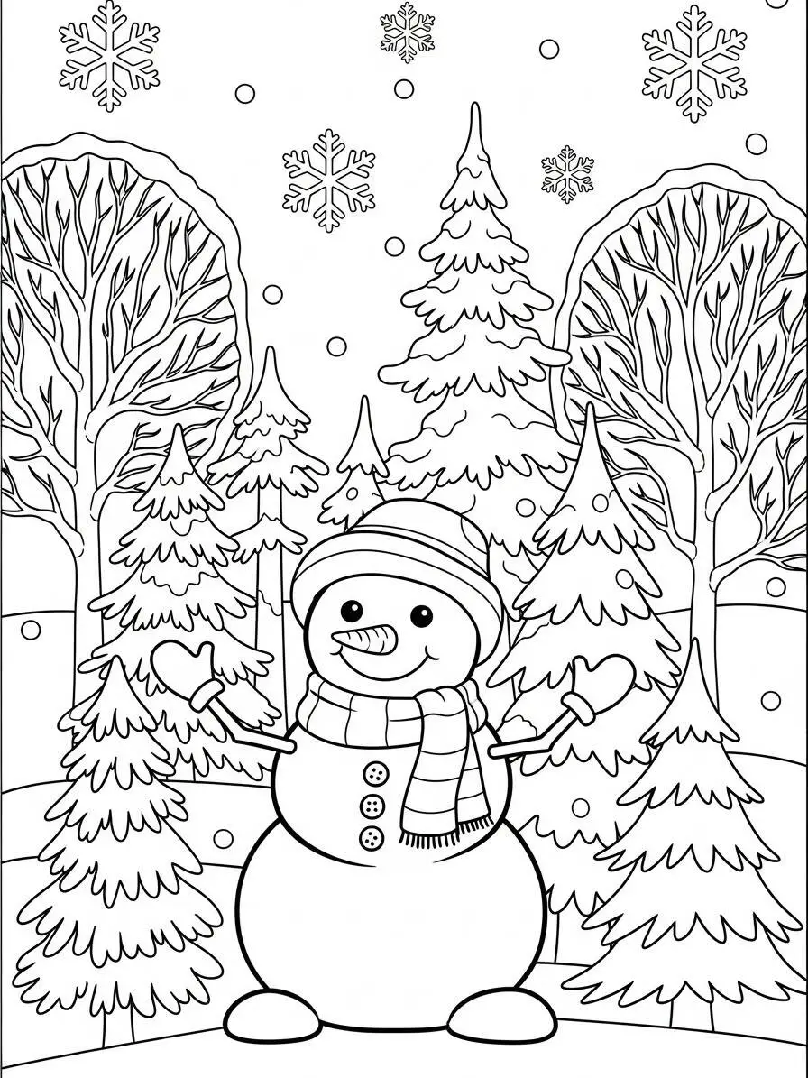 Página para colorear de muñeco de nieve feliz en un invierno mágico