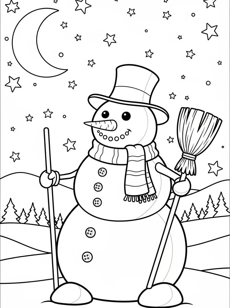 Dibujo para colorear de muñeco de nieve con sombrero y escoba