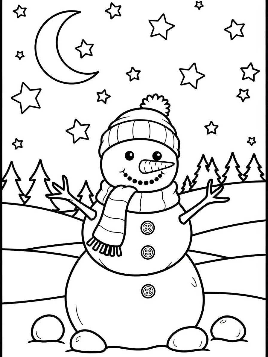 Dibujo para colorear de muñeco de nieve con estrellas y luna