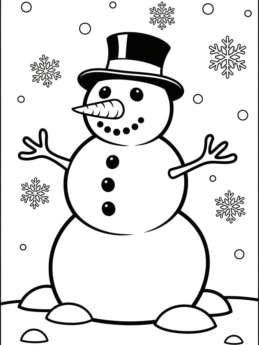 Dibujo de muñeco de nieve con sombrero de copa y copos de nieve para colorear