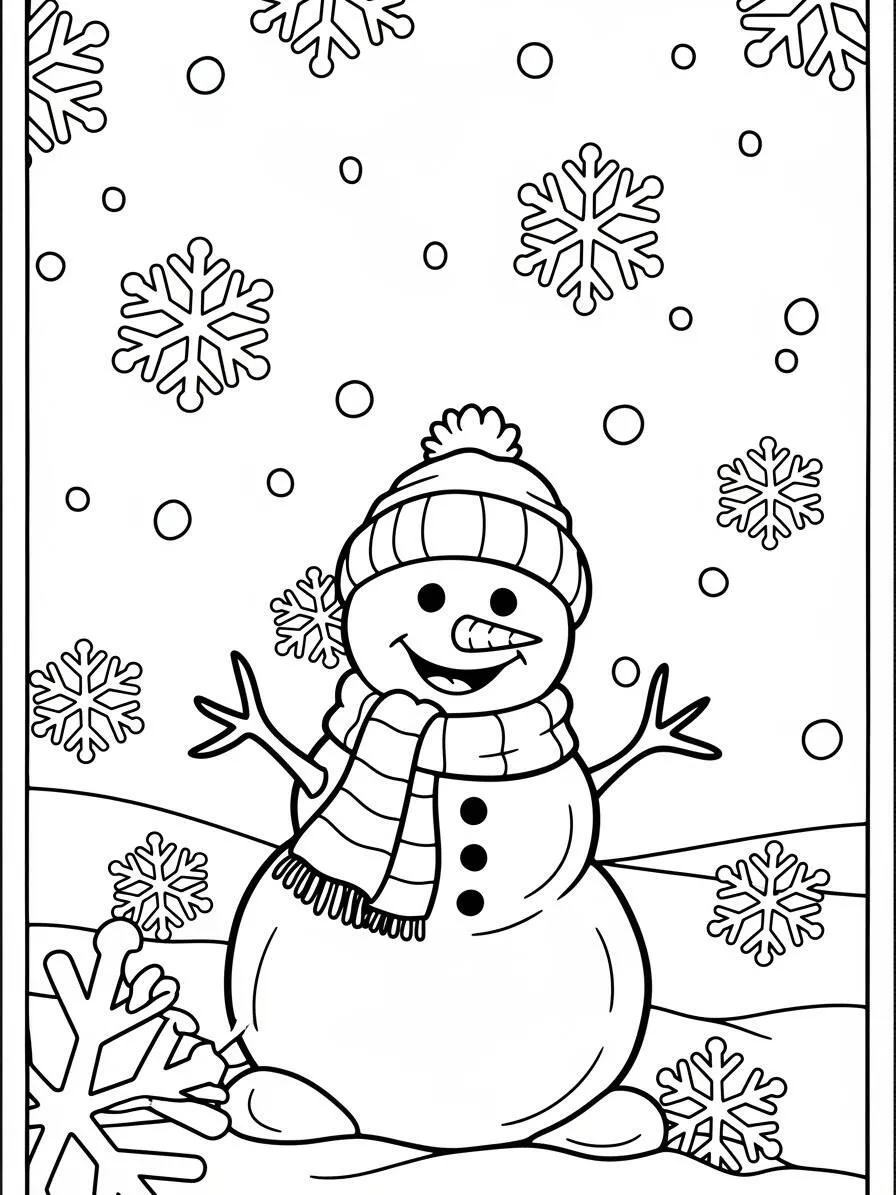 Página para colorear de muñeco de nieve feliz con copos de nieve