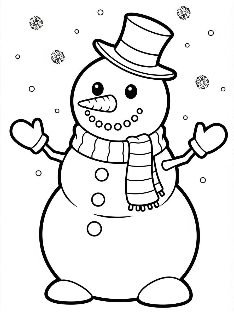 Dibujo de muñeco de nieve con sombrero y bufanda para colorear