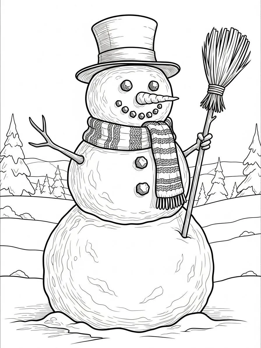 Dibujo para colorear de muñeco de nieve con sombrero y escoba