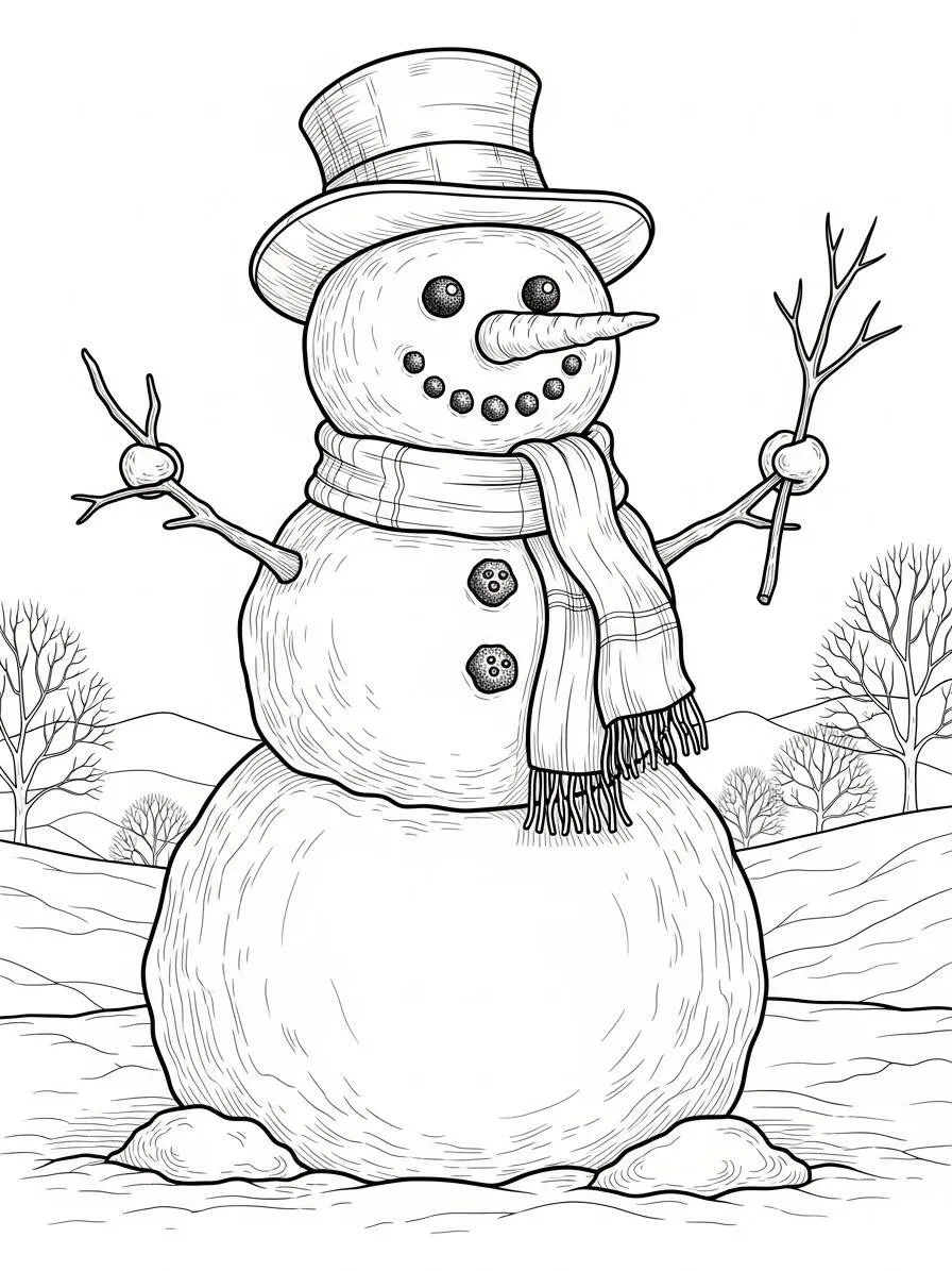 Dibujo de muñeco de nieve con sombrero y bufanda para colorear