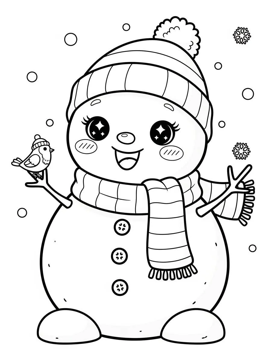 Página para colorear de muñeco de nieve sonriente con pájaro y bufanda