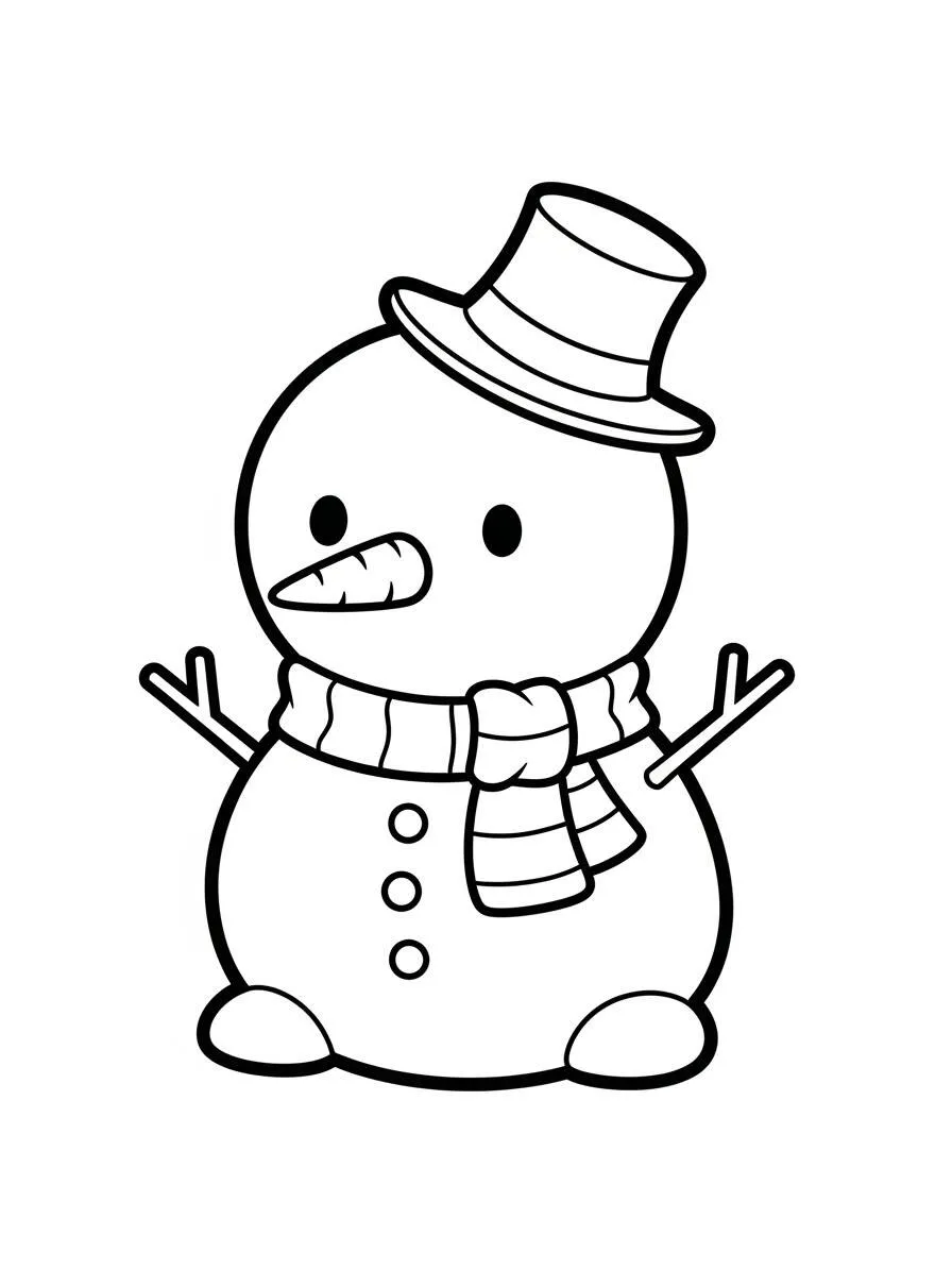 Dibujo de muñeco de nieve con sombrero de copa y bufanda para colorear