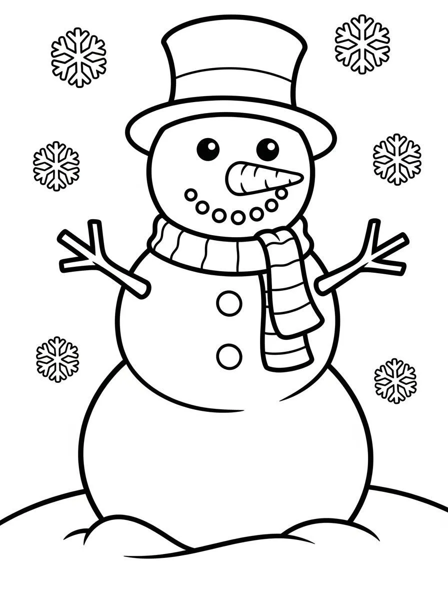 Dibujo de muñeco de nieve con sombrero y bufanda para colorear