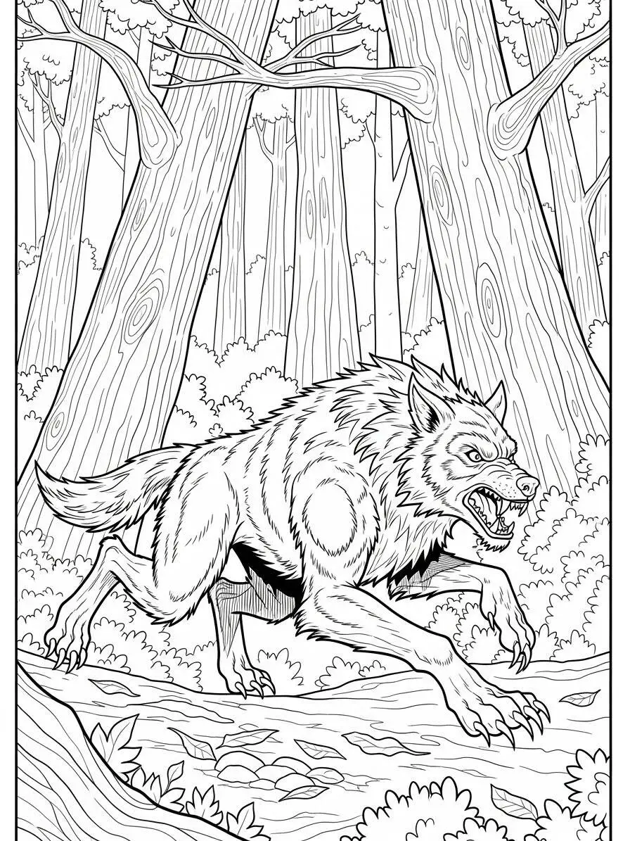 Dibujo para colorear de hombre lobo salvaje corriendo en el bosque