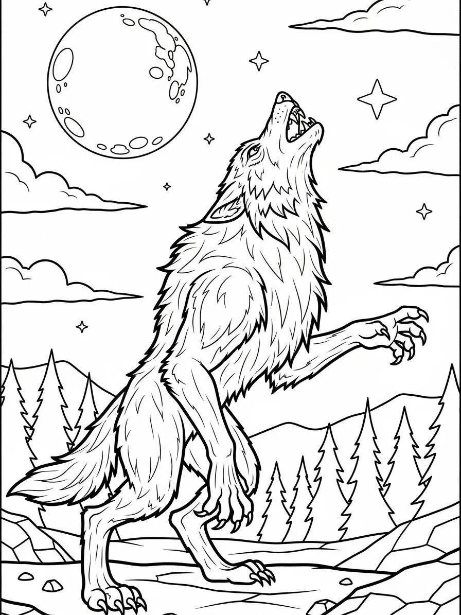 Hombre lobo aullando en la montaña para colorear