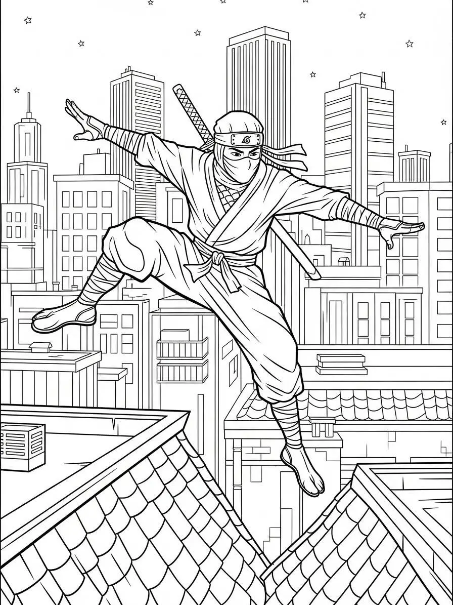 Coloriage Ninja sautant entre les bâtiments