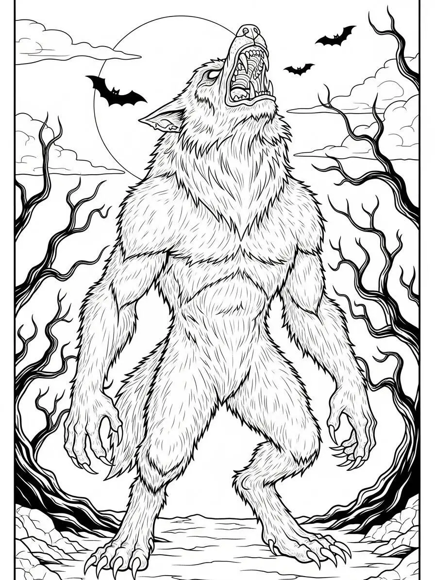 Hombre lobo aullando en el bosque Página para colorear