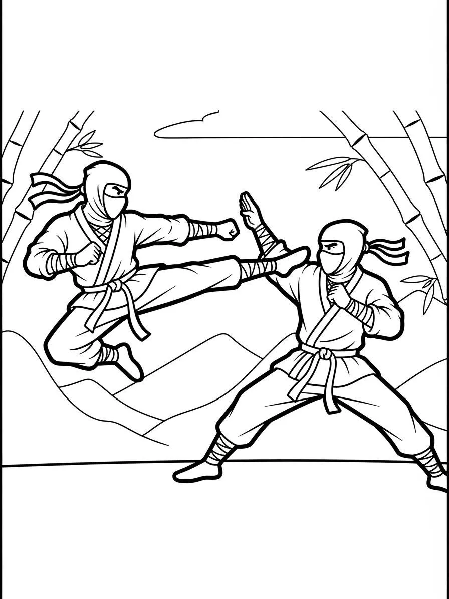 Coloriage Ninja se battant avec un coup de pied