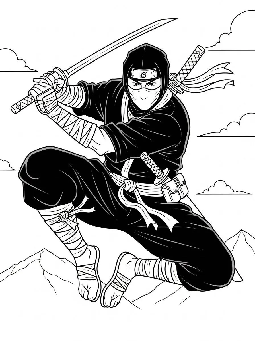 Coloriage Ninja sautant avec une épée
