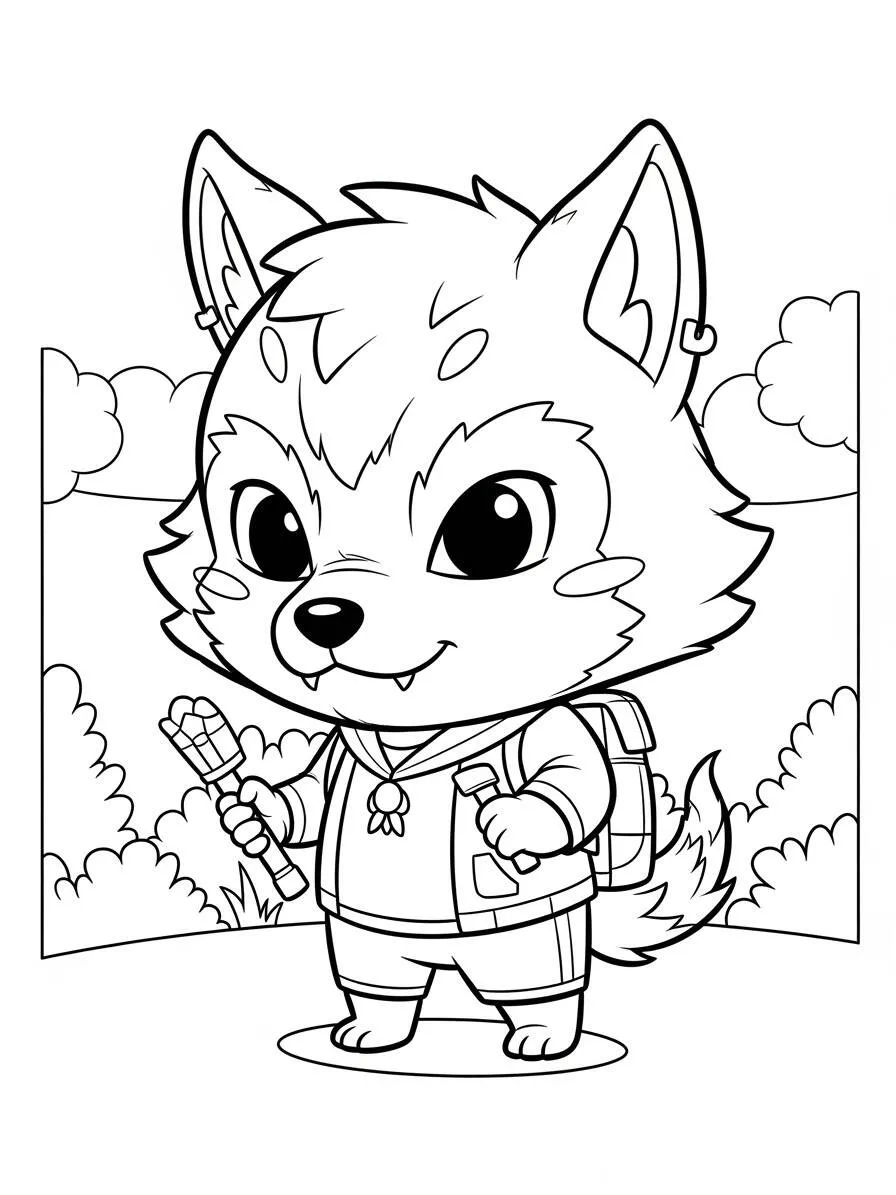 Página para colorear de hombre lobo kawaii con mochila