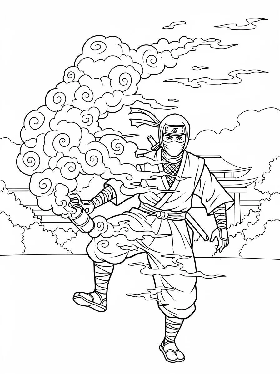 Coloriage Ninja utilisant des nuages ​​de fumée