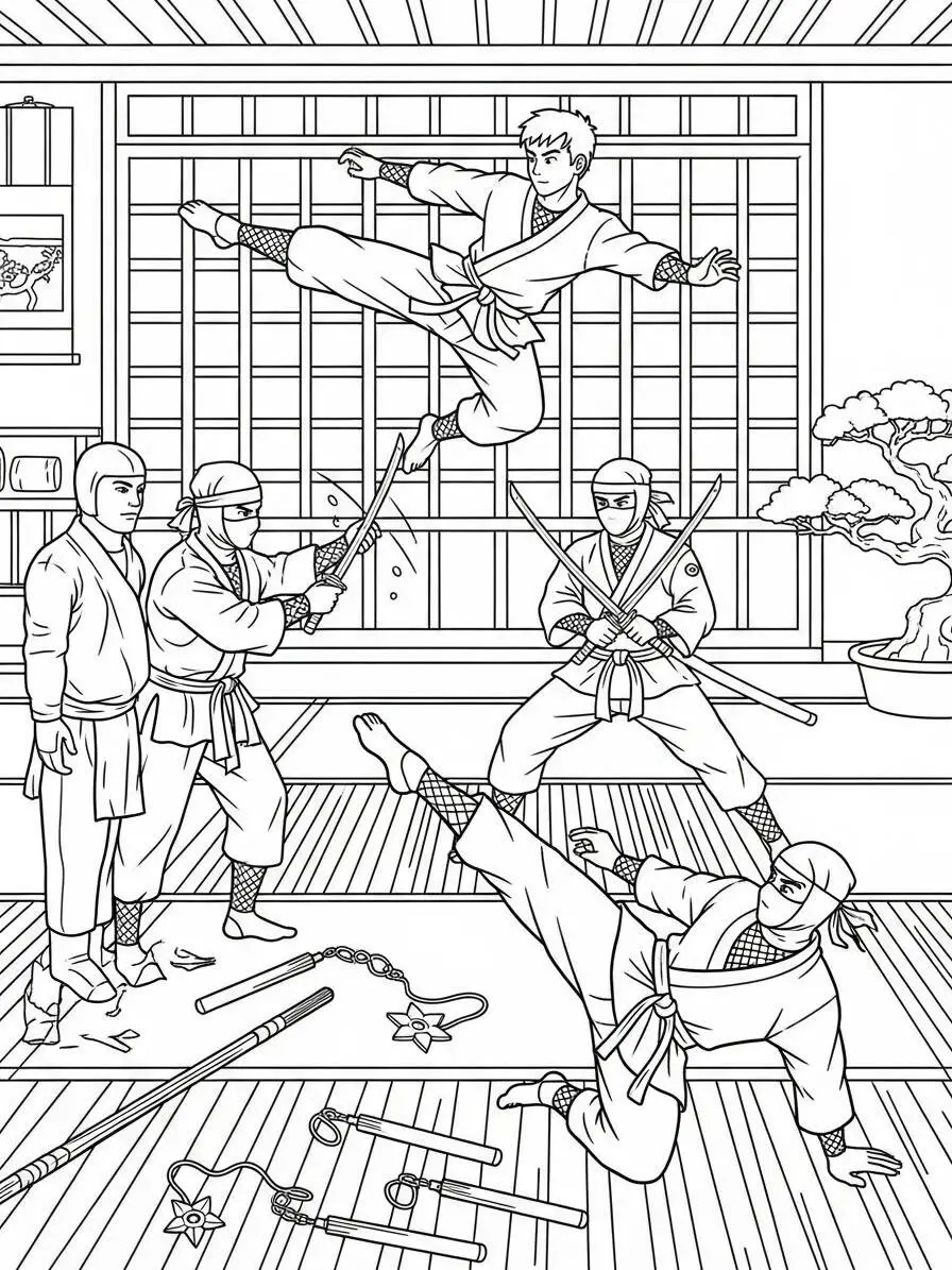 Coloriage Ninja en combat avec des épées et des étoiles Shuriken