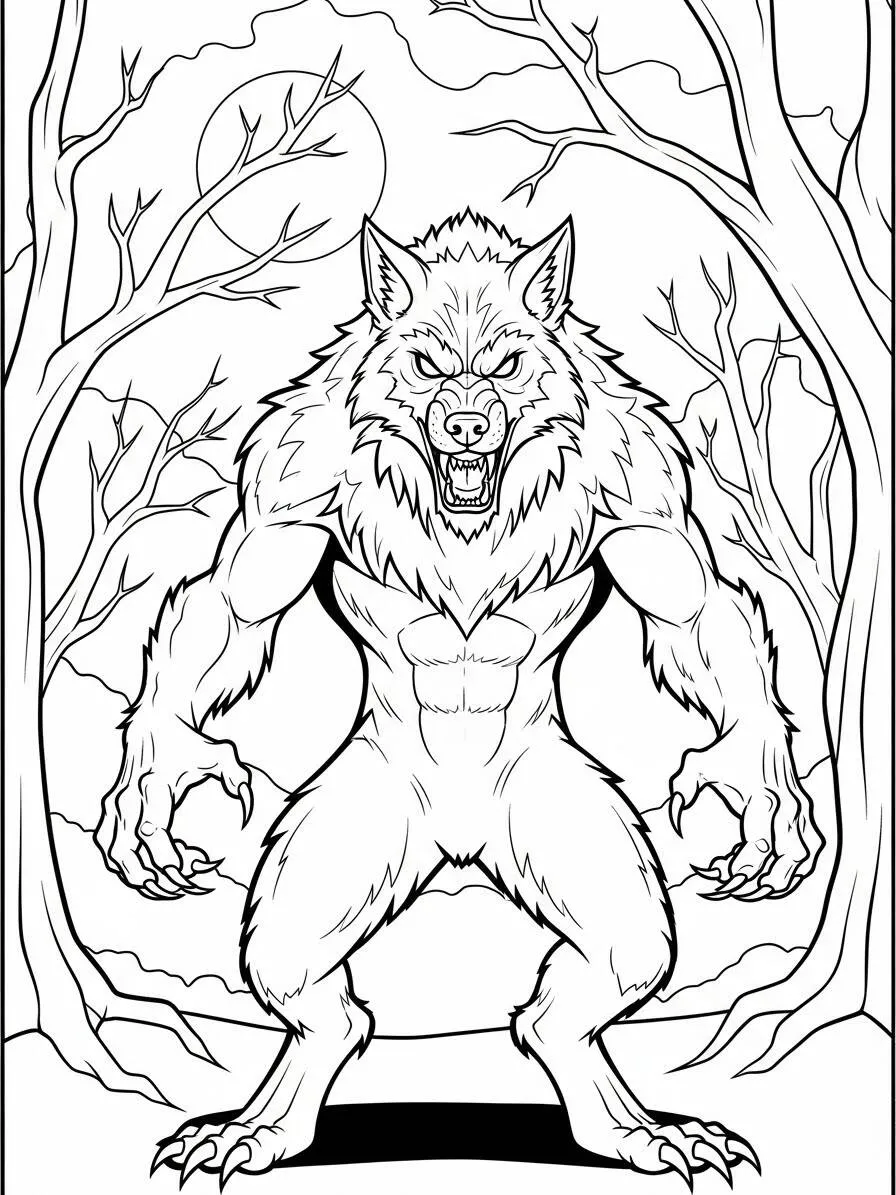 Aterrador hombre lobo en el bosque para colorear
