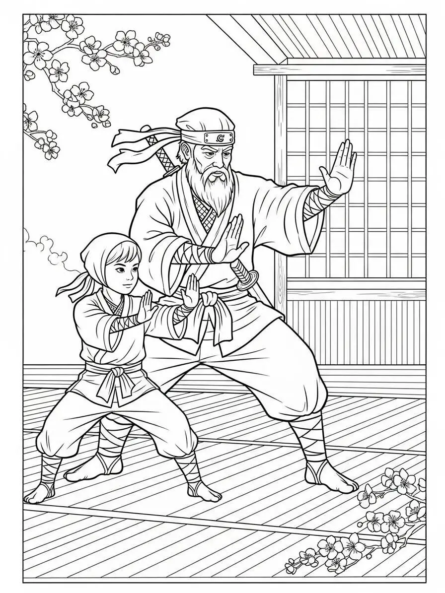 Coloriage Maître Ninja et apprenti en formation