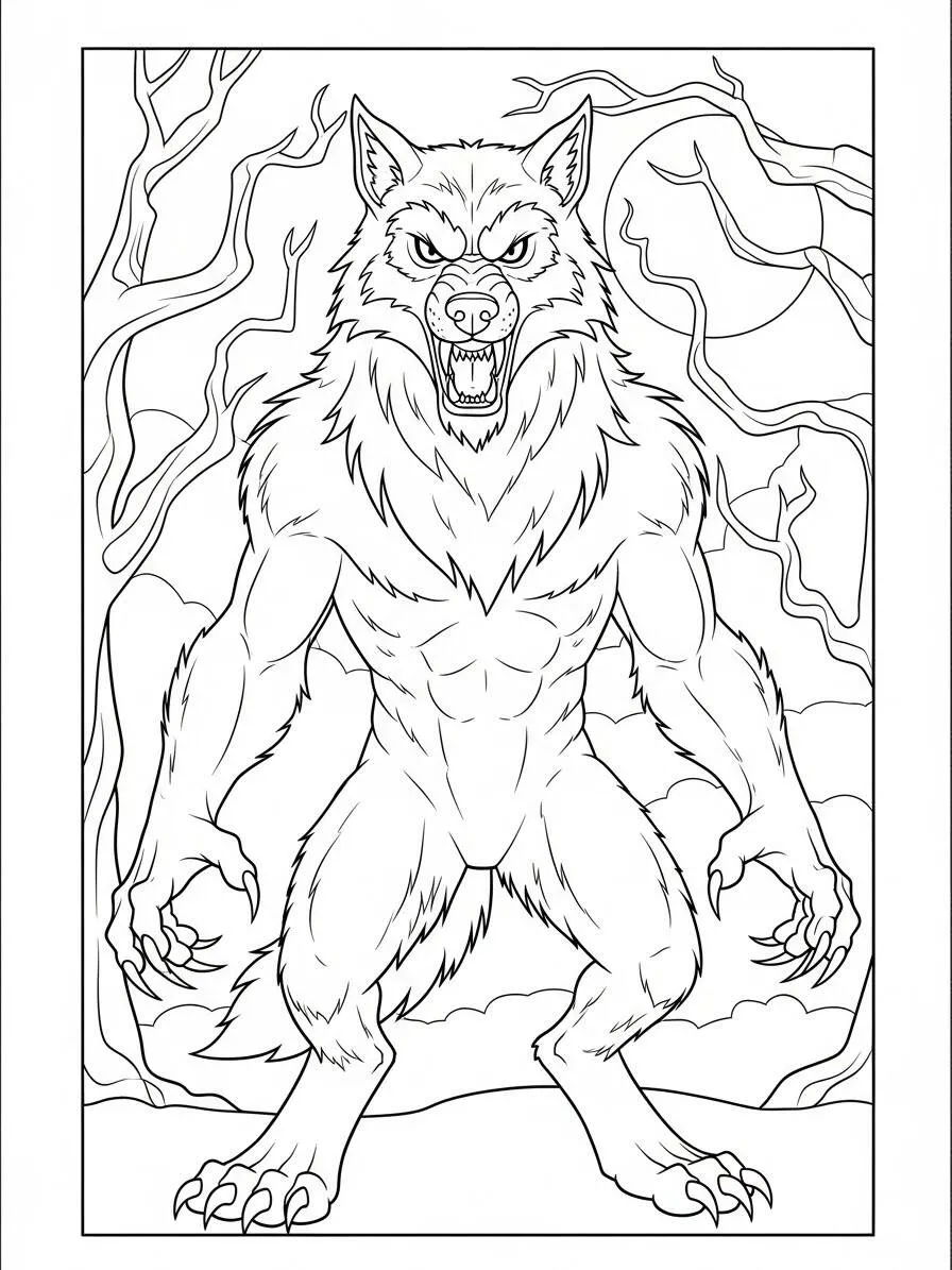 Hombre lobo enojado listo para colorear