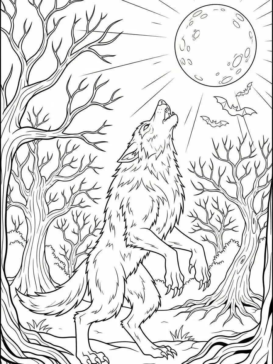 Hombre lobo aullando a la luna llena Página para colorear