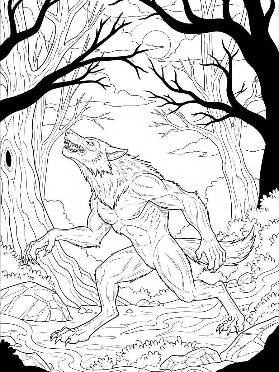 Aterrador hombre lobo en el bosque para colorear