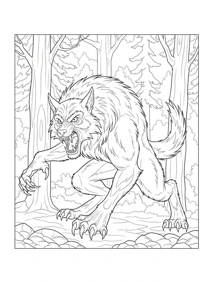 Hombre lobo enojado en el bosque Página para colorear