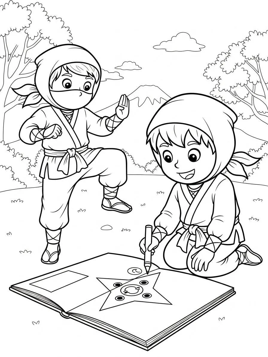 Coloriage Ninja jouant avec des étoiles Ninja