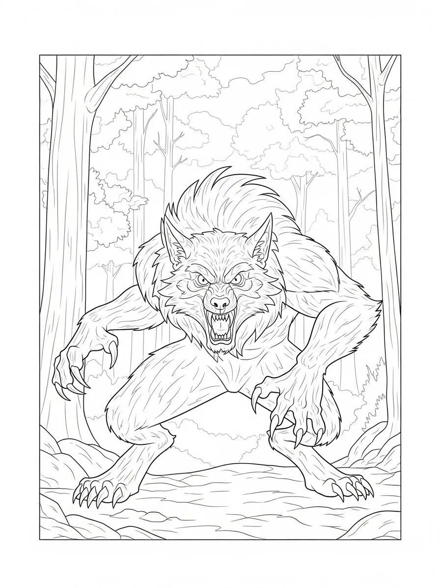 Hombre lobo enojado en el bosque Página para colorear