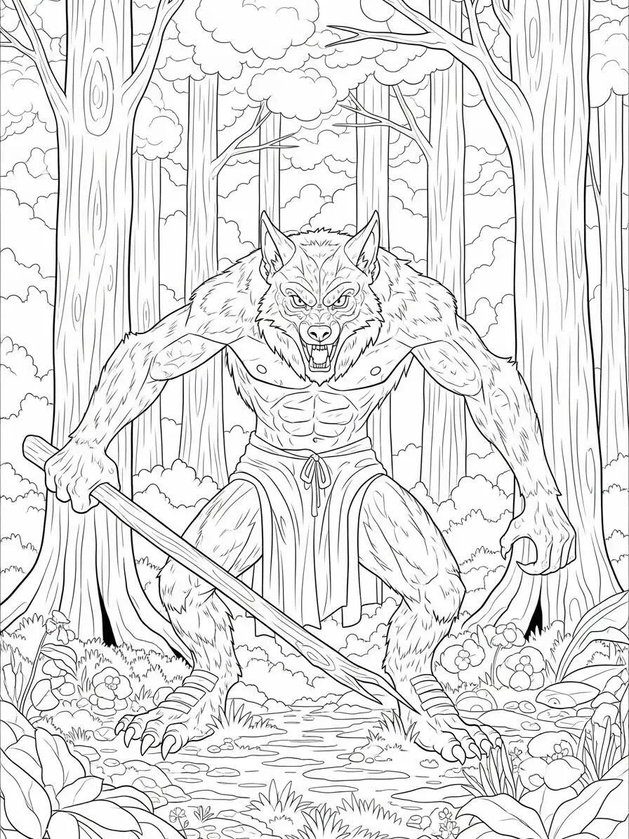 Aterrador hombre lobo en el bosque para colorear