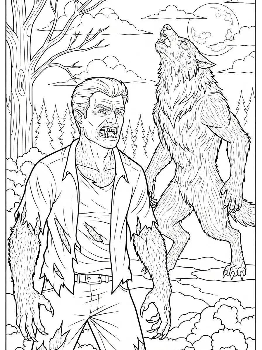 Página para colorear de hombre lobo transformándose en el bosque