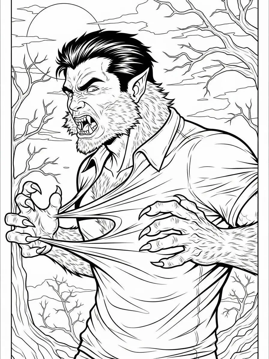 Hombre lobo furioso rasgándose la camisa Página para colorear