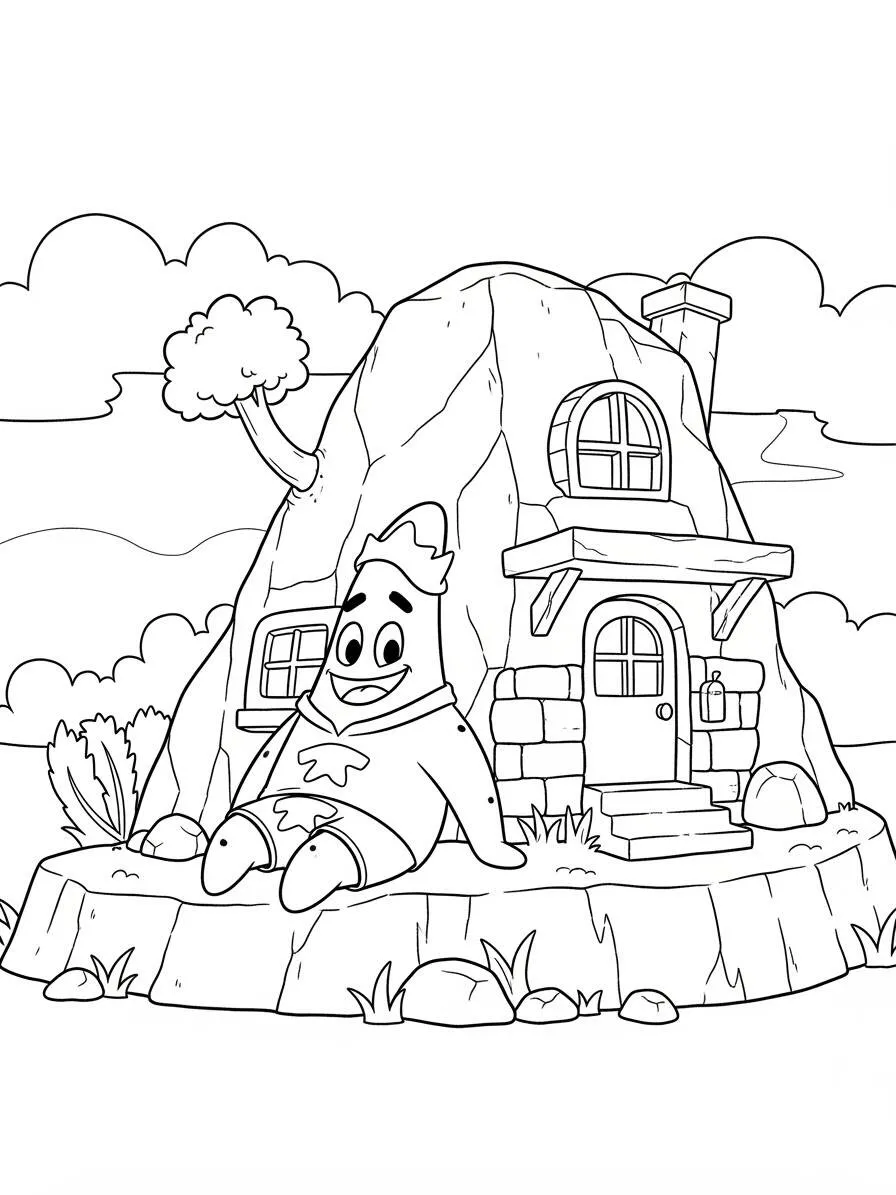 Dibujo para colorear de patricio estrella frente a su casa