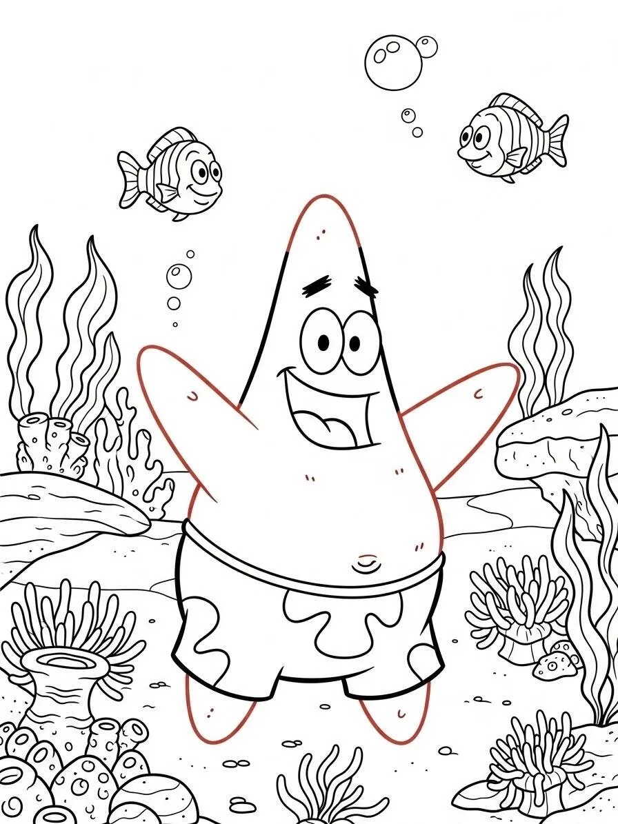 Página para colorear de Feliz Patricio Estrella en el fondo del mar