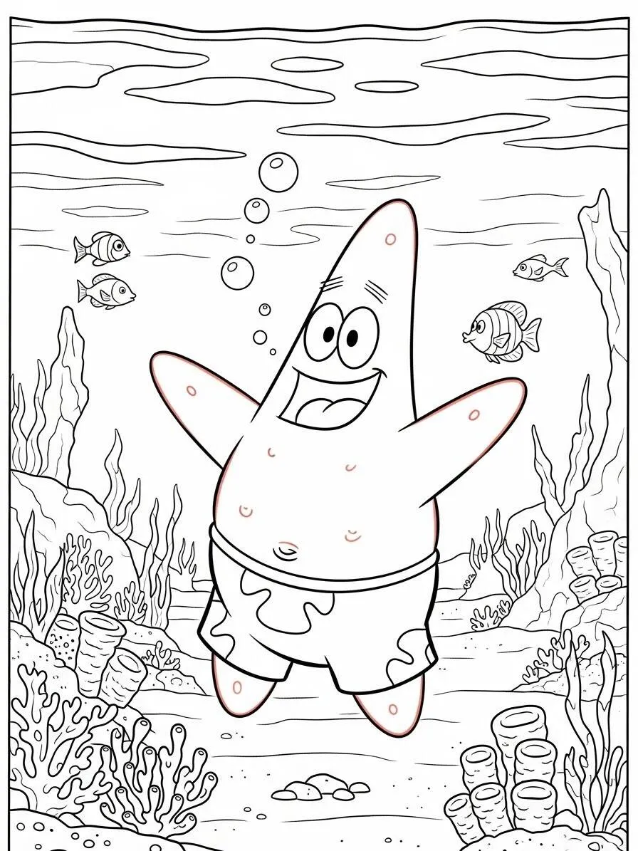 Página para colorear de Feliz Patricio Estrella en el fondo del mar