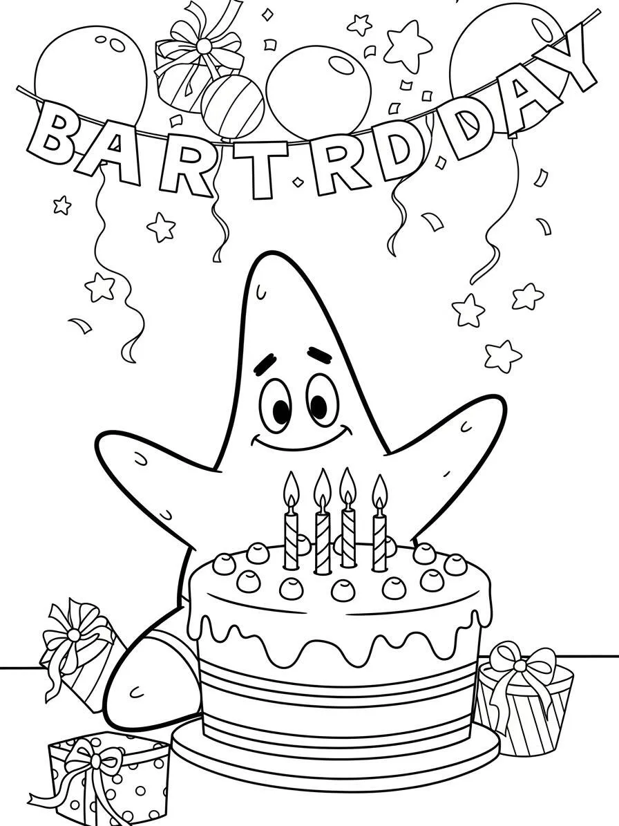Página para colorear de patricio estrella celebrando su cumpleaños con pastel