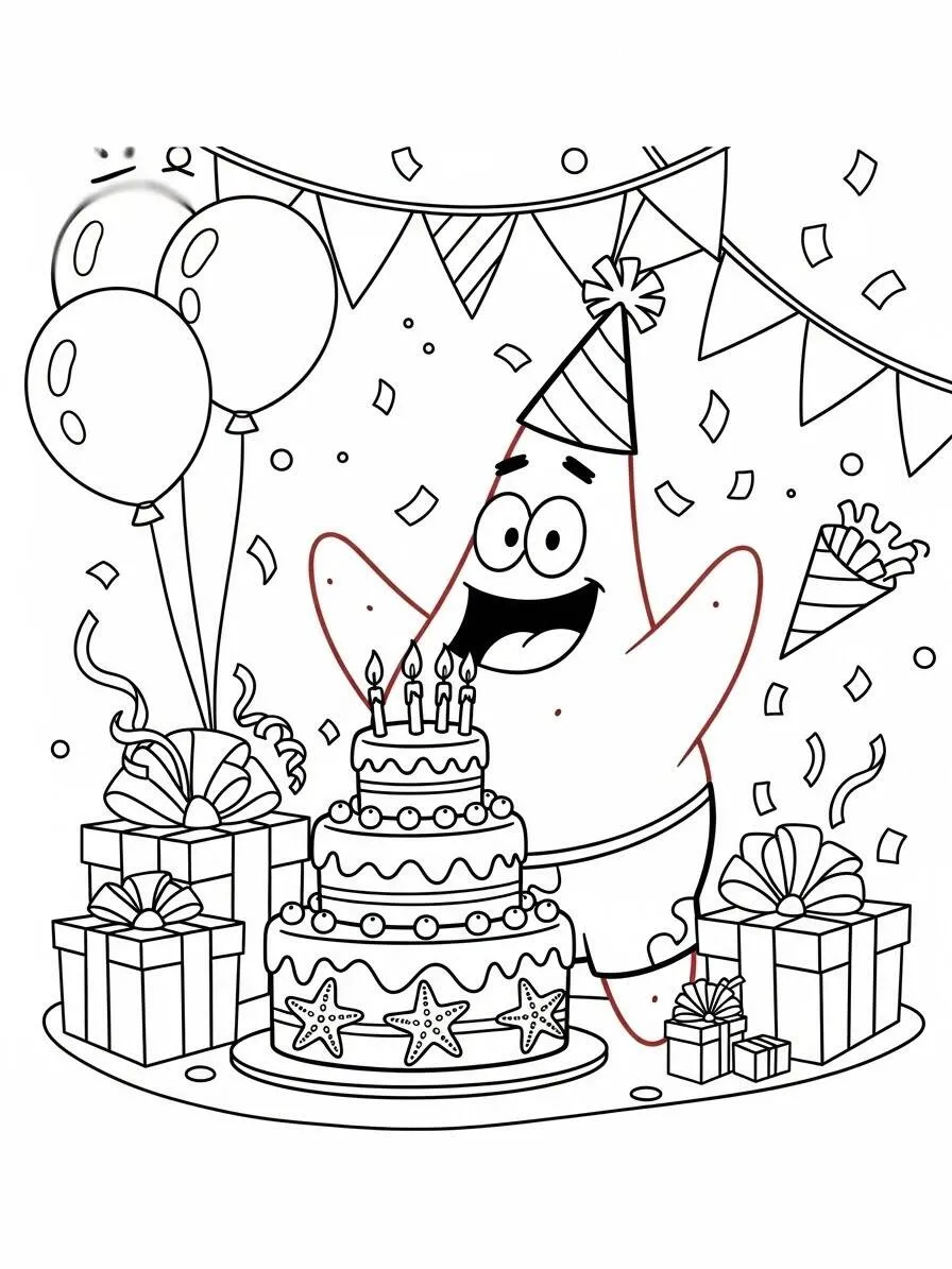 Página para colorear de patricio estrella celebrando su cumpleaños