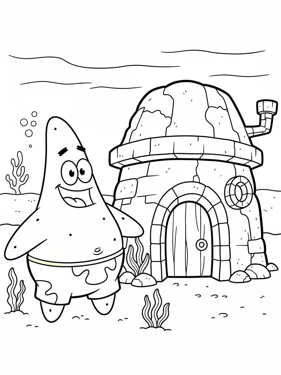 Dibujo para colorear de patricio estrella frente a su casa