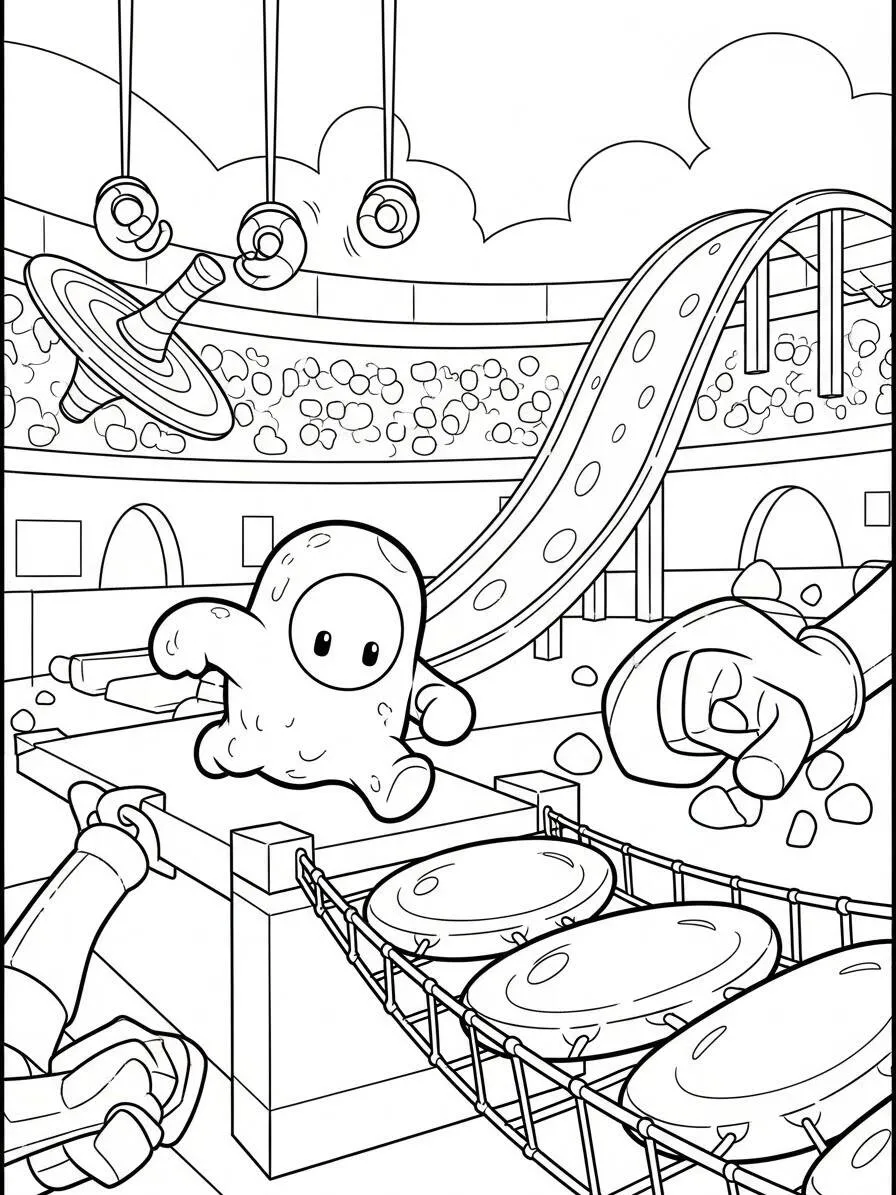 Dibujo para colorear de tropezar chicos en acción en la carrera de obstáculos