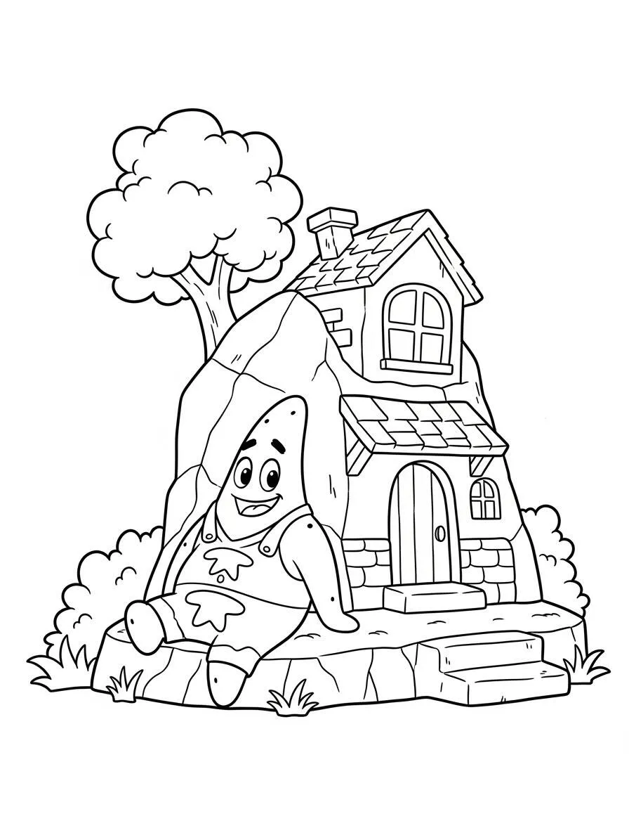Dibujo de patricio estrella sentado en su casa para colorear