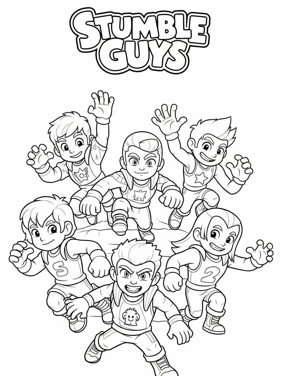 Página para colorear de tropezar chicos con varios personajes