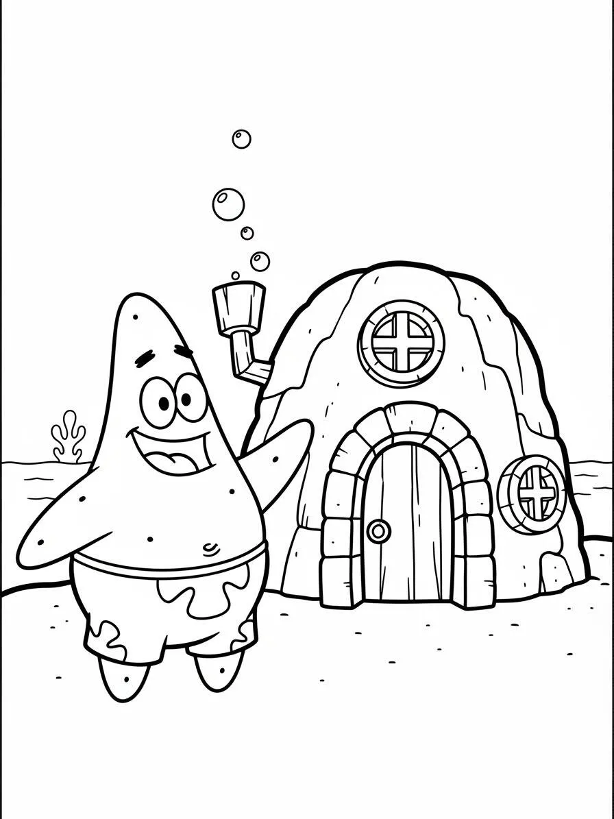 Dibujo para colorear de patricio estrella frente a su casa